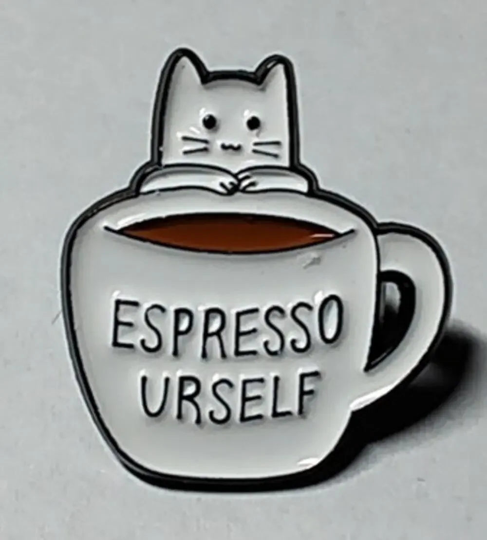 Cute Espresso Urself Coffee Cup & Cat Pin Kitty Lapel Hat Brooch